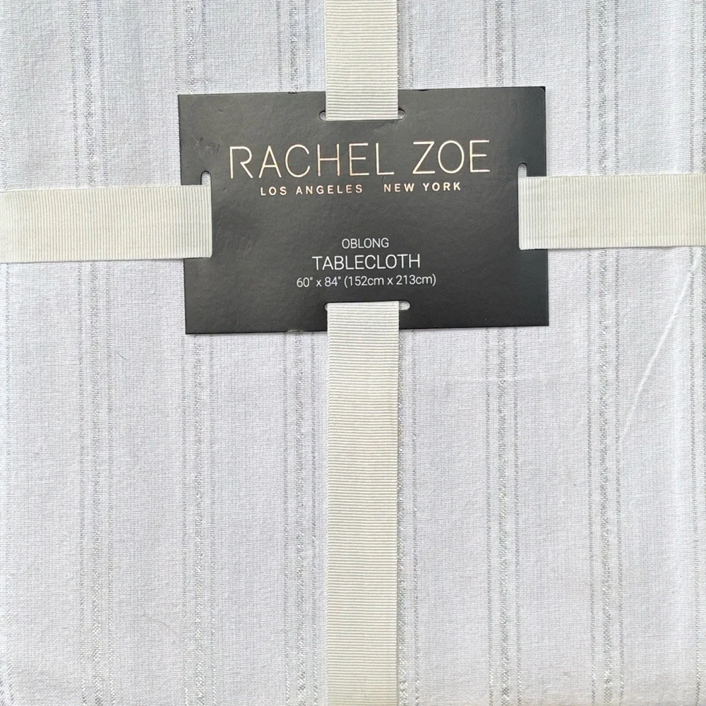 Brand New Rachel Zoe White & Silver Metallic Oblong Fabric Tablecloth 60